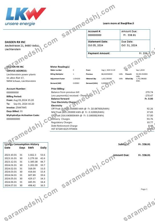 Liechtenstein Ische Kraftwerke (LKW) electricity business utility bill template in Word and PDF formats